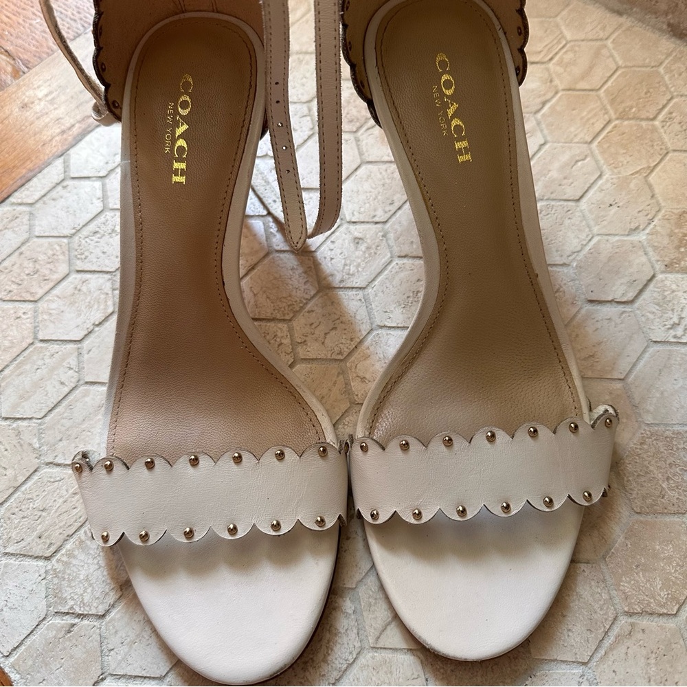 Coach Cream Heels with Ankle Strap and Scalloped Edge